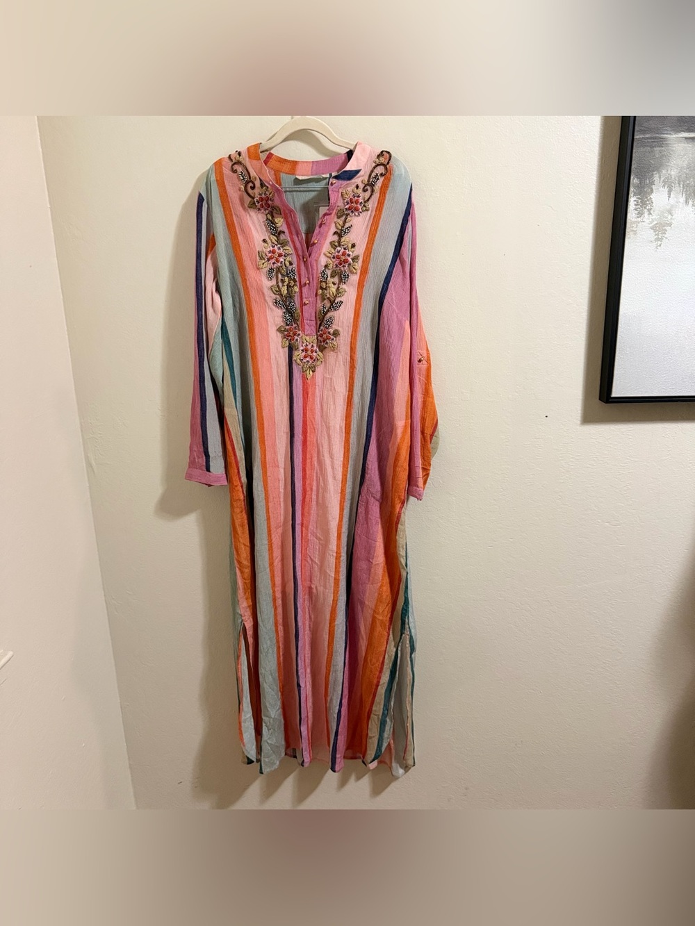 Soft Surroundings Aruba Striped Embroidered Gauze Caftan Maxi Dress M NWT - Picture 2 of 15